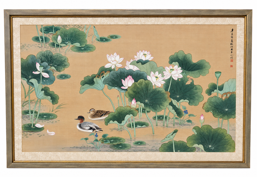 Large Chinese Watercolor Painting with Ducks and Lotus