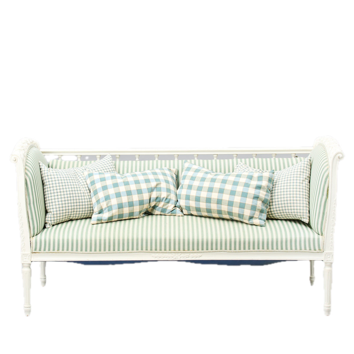 Gustavian-Style Painted Banquette Sofa with Green Striped Upholstery