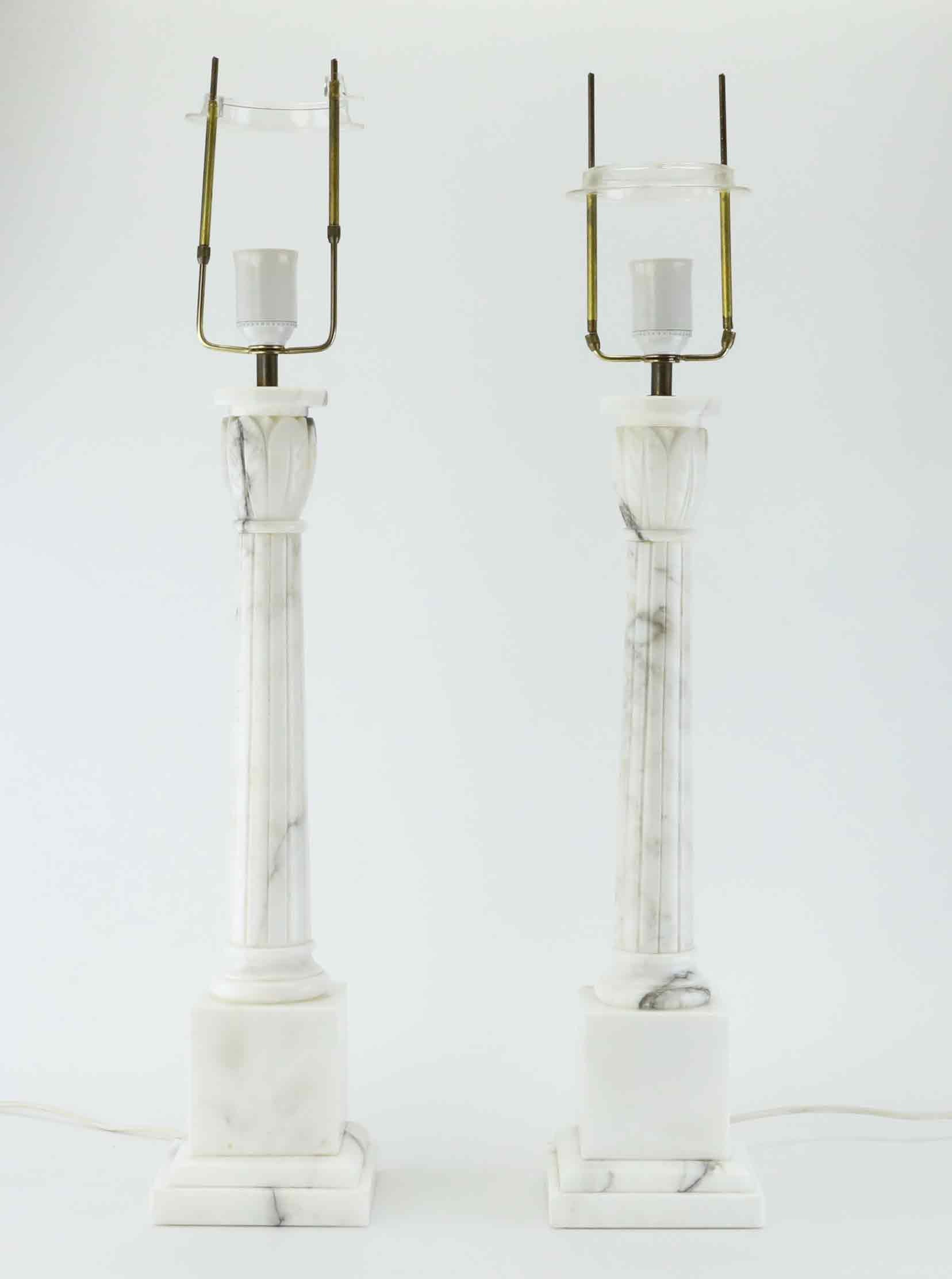 Pair of vintage marble column table lamps front view