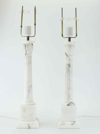 Pair of vintage marble column table lamps front view