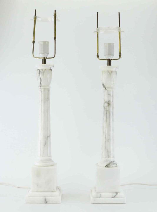 Pair of vintage marble column table lamps front view