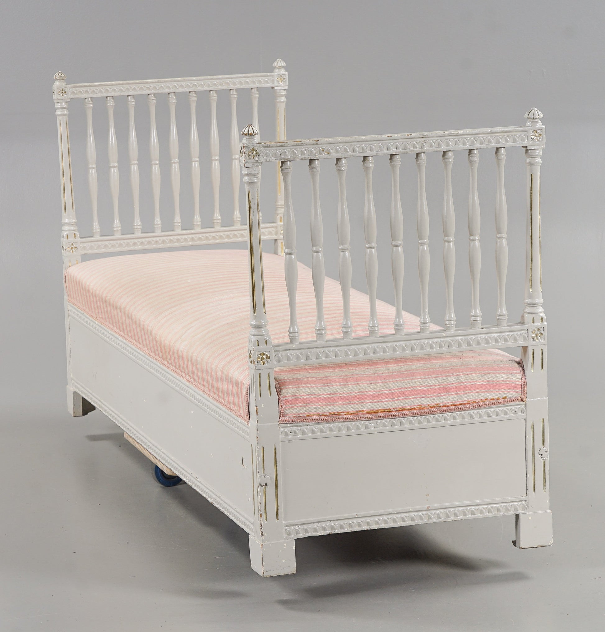 Back view of antique Gustavian-style daybed bench showing age wear