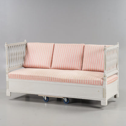 Front view of Gustavian-style daybed bench with pink striped upholstery