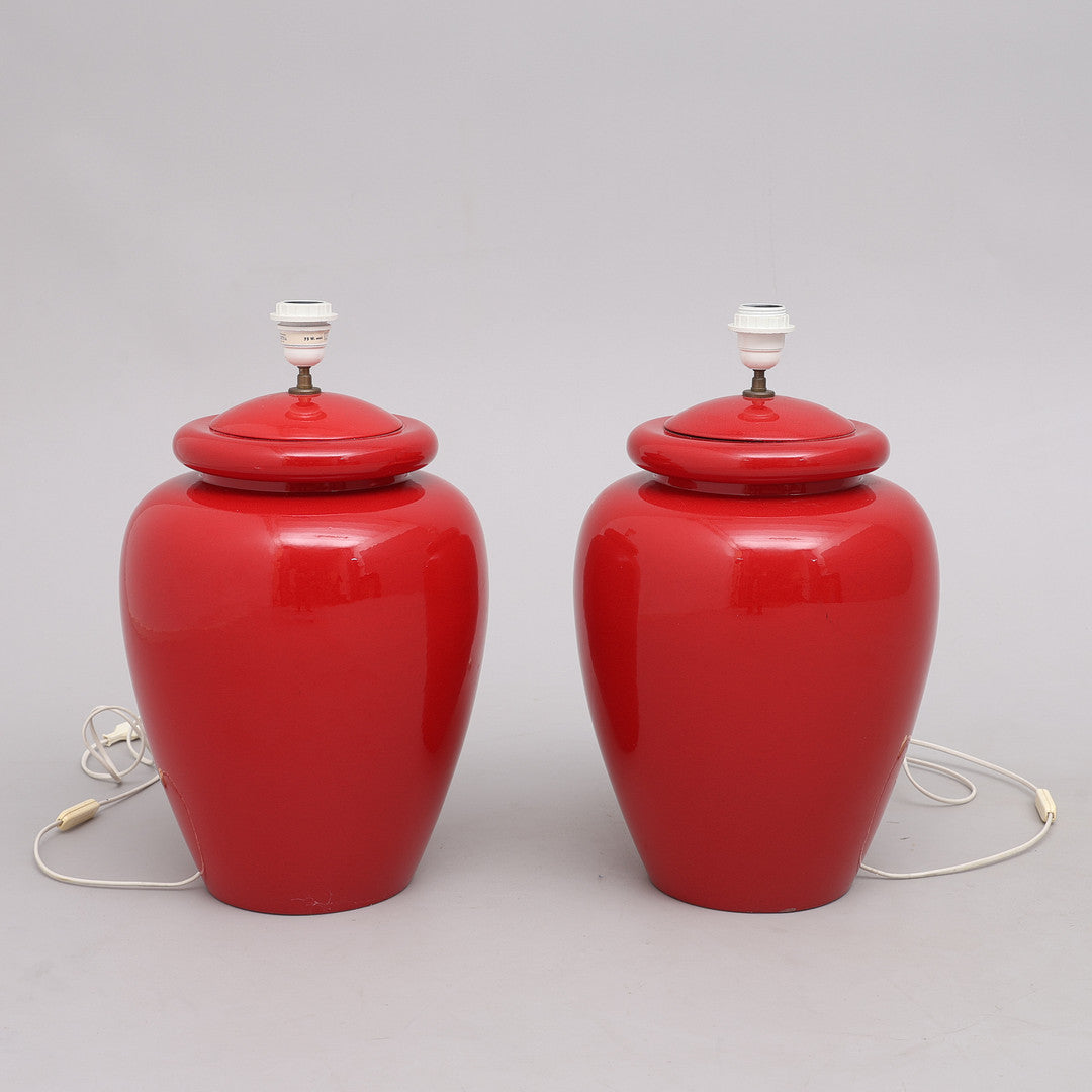 Pair of red glazed Kostka ceramic table lamps without shades