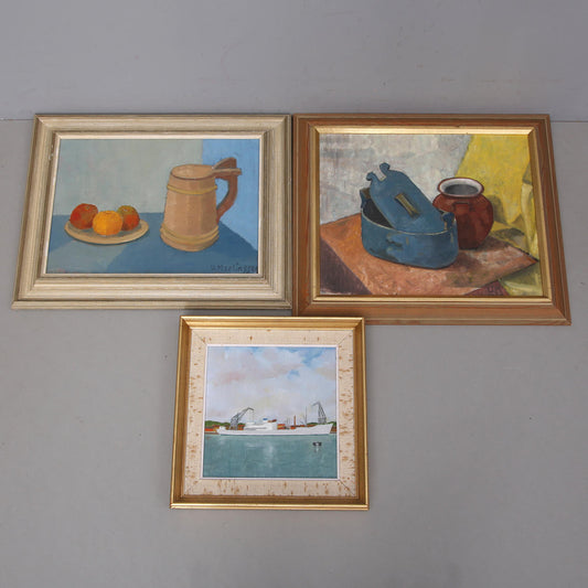 Three signed oil paintings including freighter Kolsnaren and still lifes
