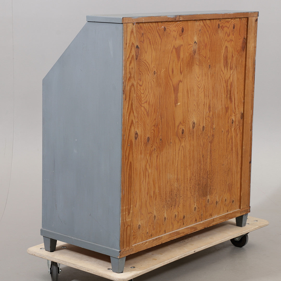Back view of blue-gray painted Swedish secretary desk