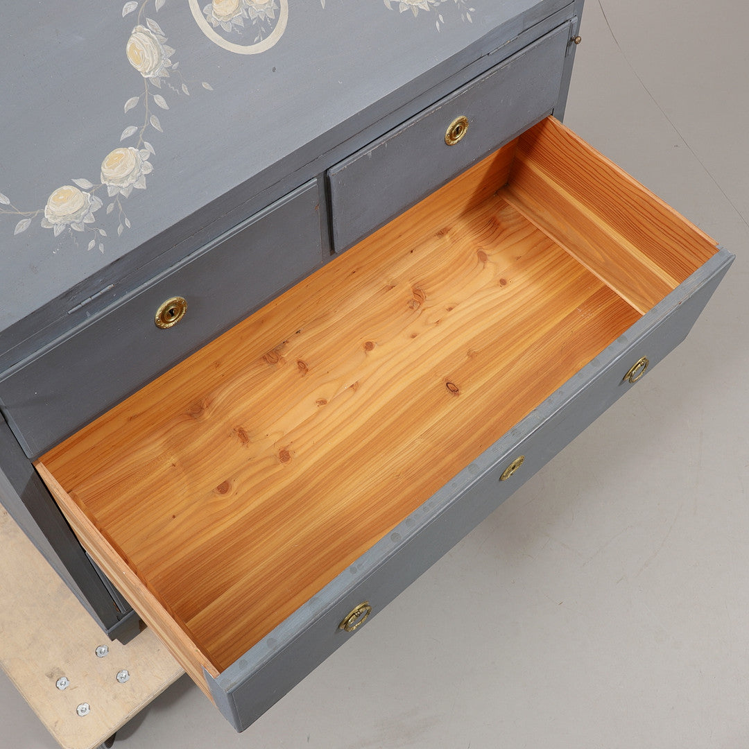 Drawer detail of blue-gray painted Swedish secretary desk