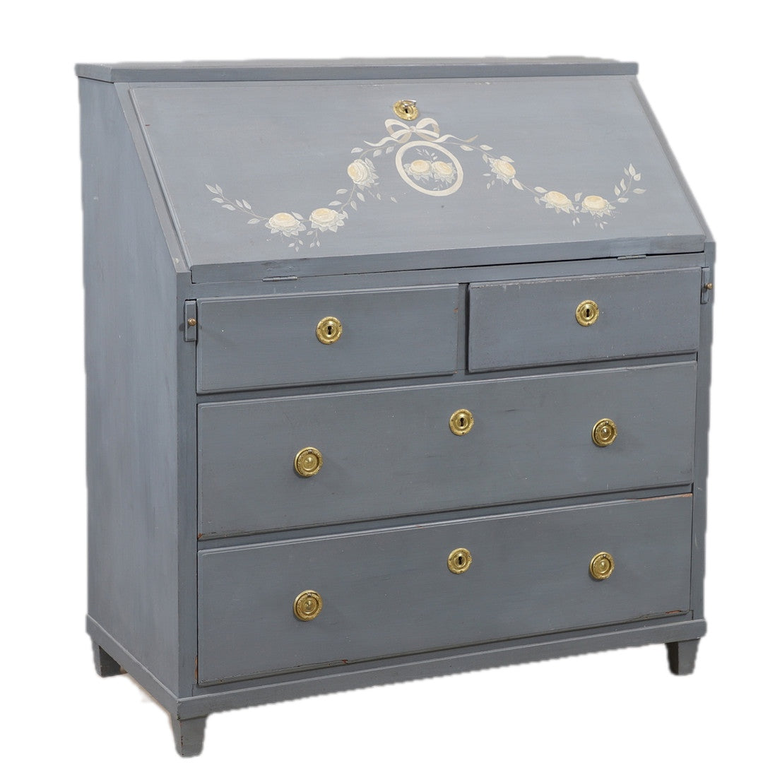 Blue-Gray Painted Swedish Drop-Front Secretary Desk