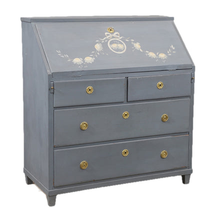 Blue-Gray Painted Swedish Drop-Front Secretary Desk