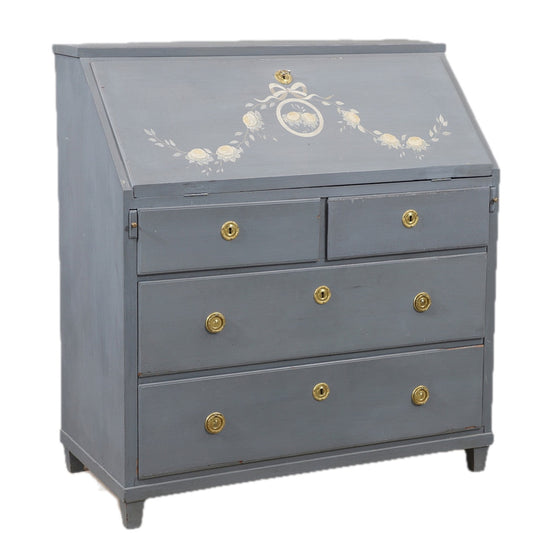 Blue-Gray Painted Swedish Drop-Front Secretary Desk