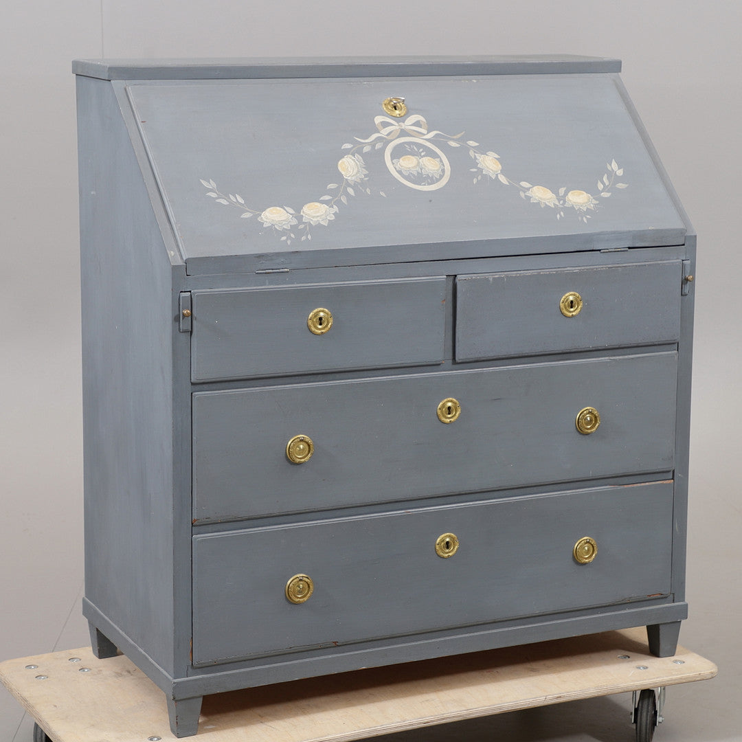 Blue-gray painted Swedish drop-front secretary desk closed front view