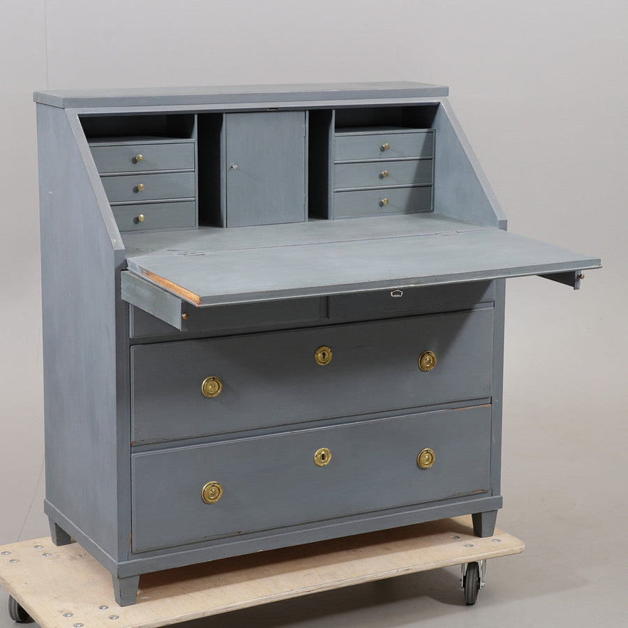 Blue-gray painted Swedish secretary desk with drop front open