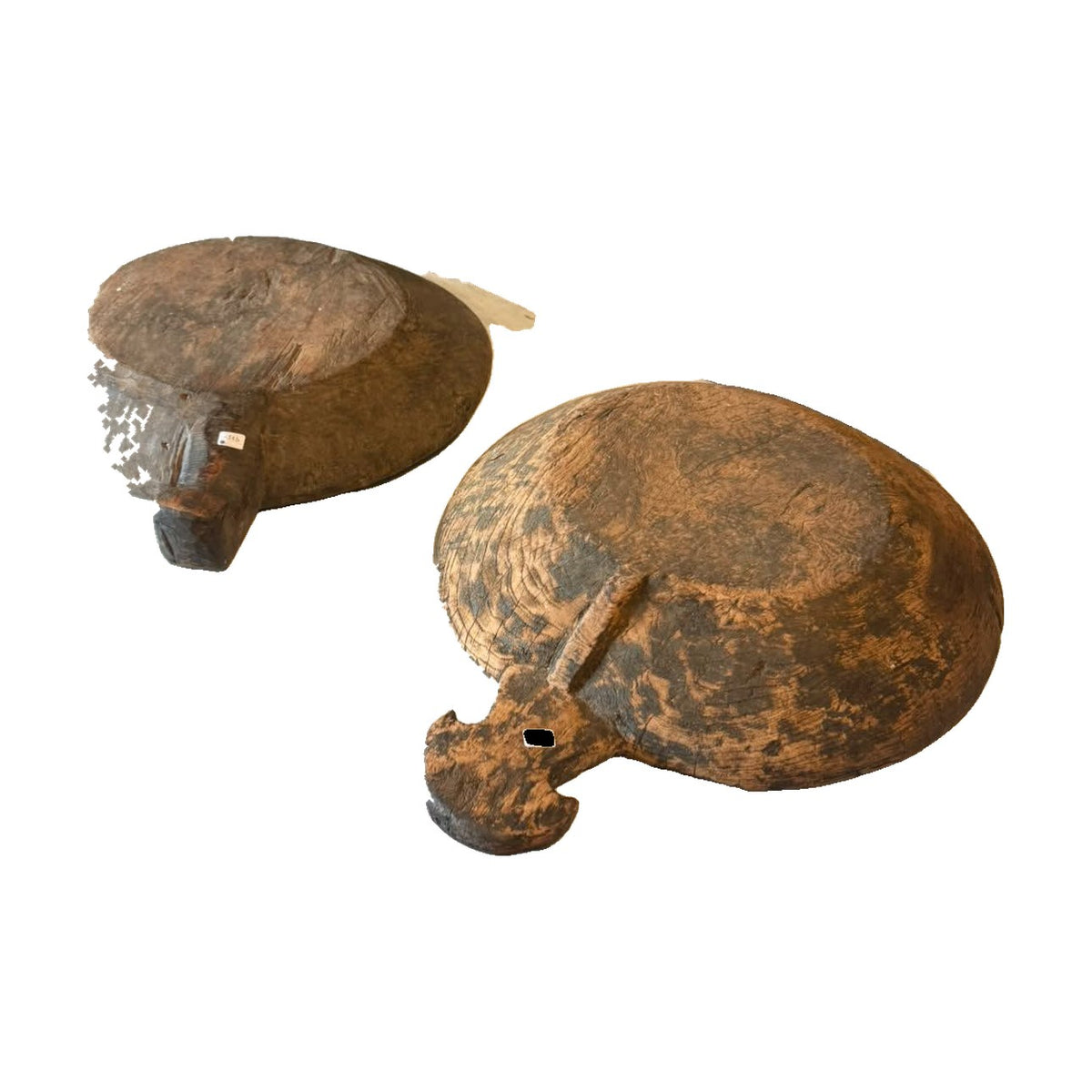 Pair of Swedish hand-carved wooden bowls with carved handles