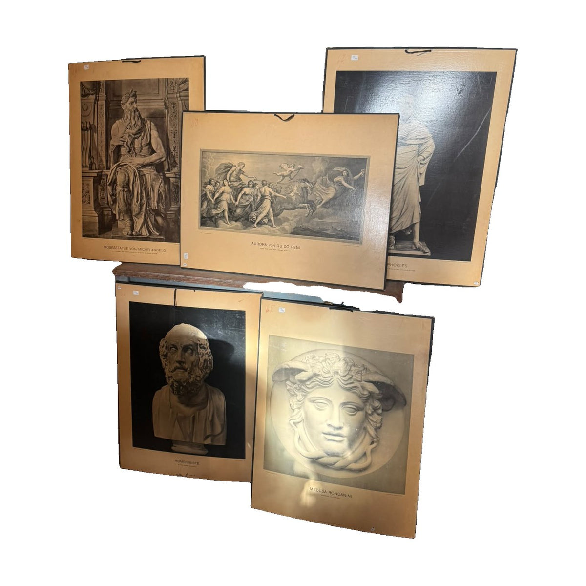 Five German art history plates: Moses by Michelangelo, Aurora by Guido Reni, Sophocles, Homer bust, and Medusa Rondanini
