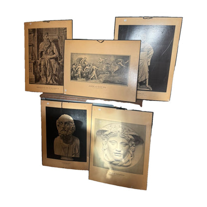 Five German art history plates: Moses by Michelangelo, Aurora by Guido Reni, Sophocles, Homer bust, and Medusa Rondanini