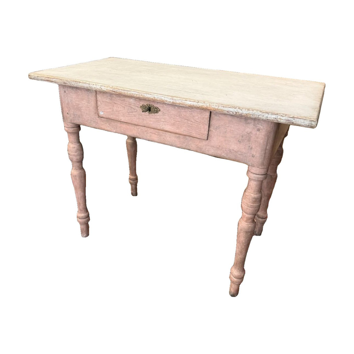 Swedish side table with gray painted top, rose-pink base, drawer, and turned legs