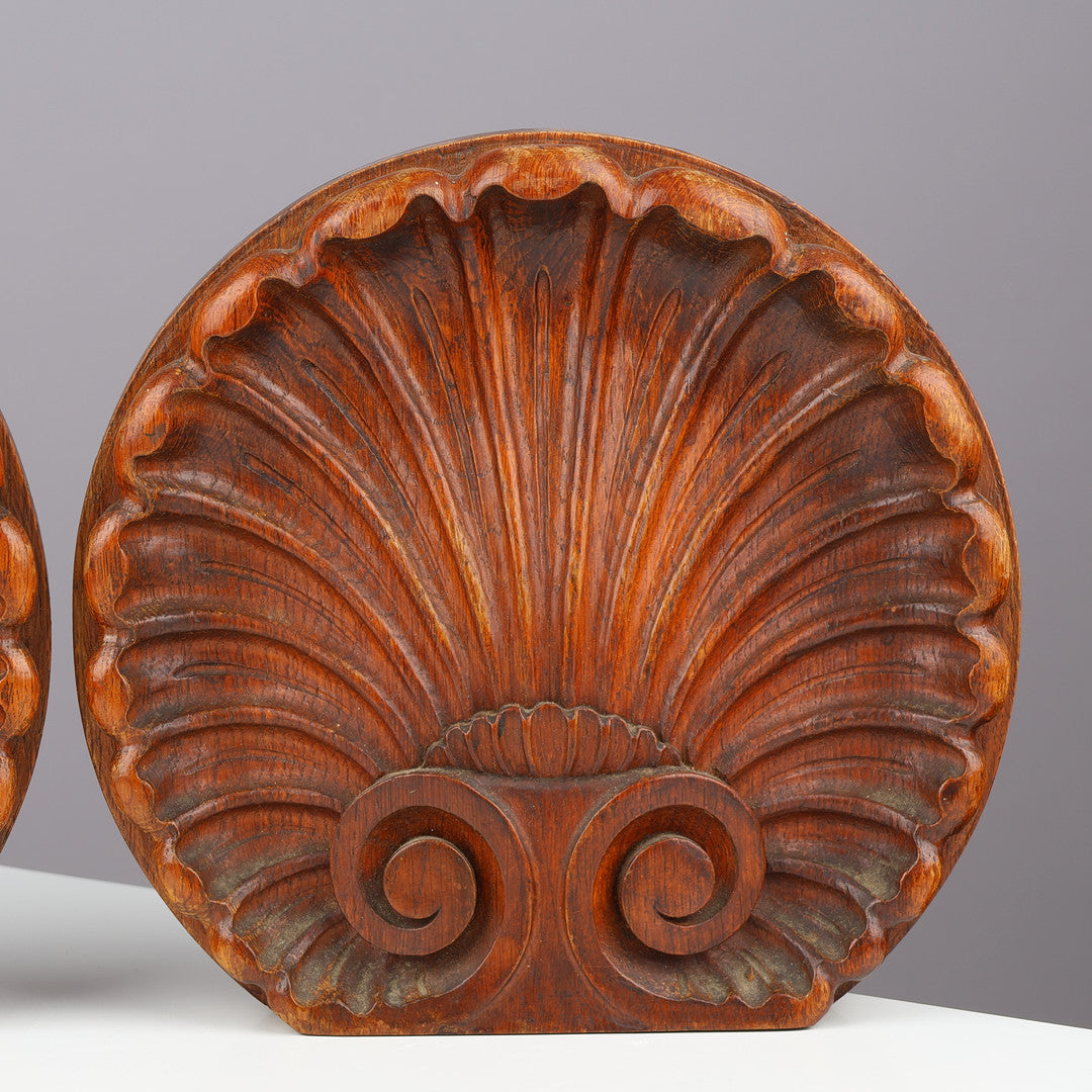 Front detail of Danish carved oak scallop shell ornament