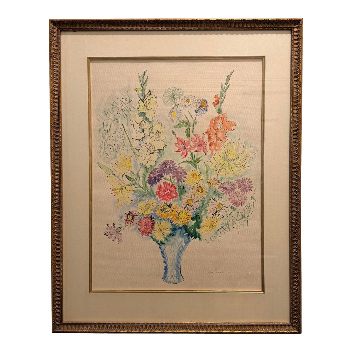 Dorothy Strausser Floral Still Life Watercolor, Framed (1985)