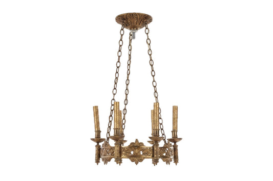 French Brass Six-Arm Chandelier, c. 1940