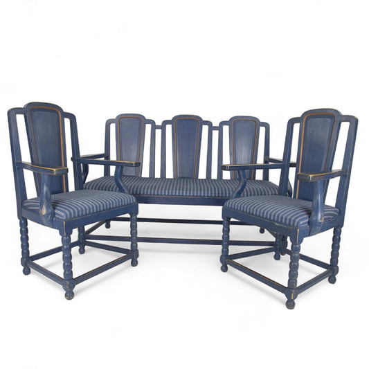 Swedish Painted Sofa & Armchair Set, Blue Striped Upholstery, Early 20th Century (3-Piece Suite)