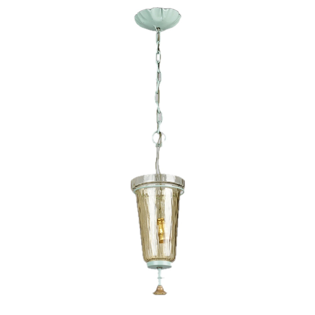 Swedish Mid-Century Painted Metal & Amber Glass Pendant Light in Celadon