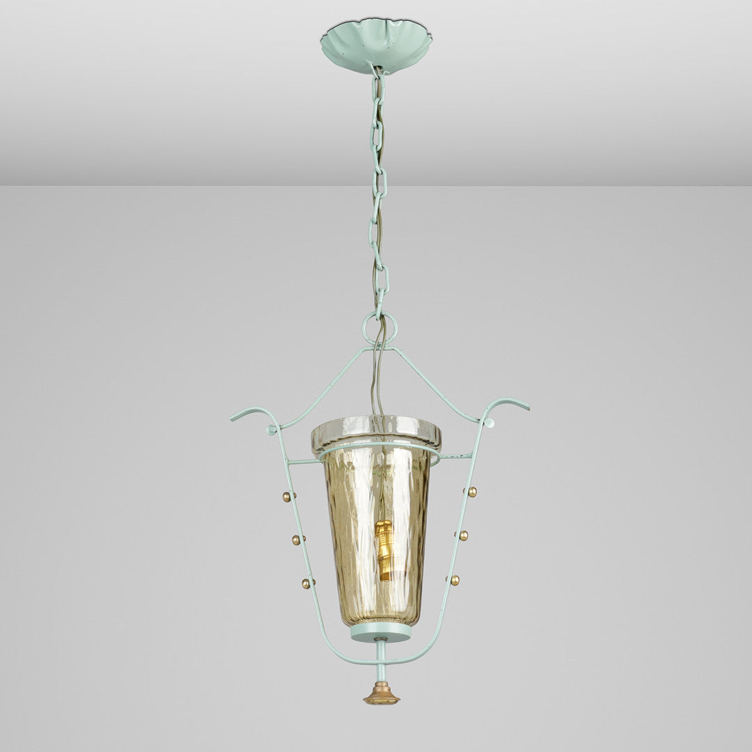 Swedish Mid-Century Painted Metal & Amber Glass Pendant Light in Celadon