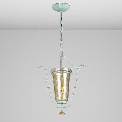 Swedish Mid-Century Painted Metal & Amber Glass Pendant Light in Celadon