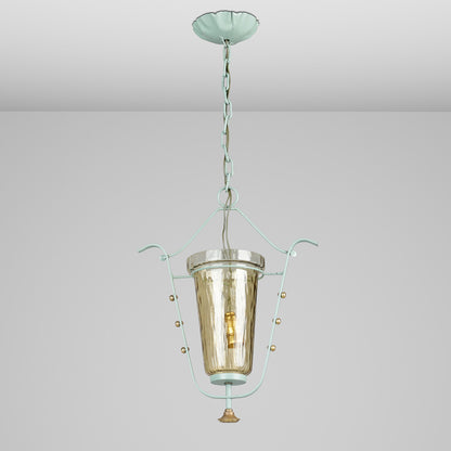 Swedish Mid-Century Painted Metal & Amber Glass Pendant Light in Celadon