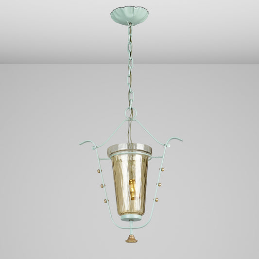 Swedish Mid-Century Painted Metal & Amber Glass Pendant Light in Celadon