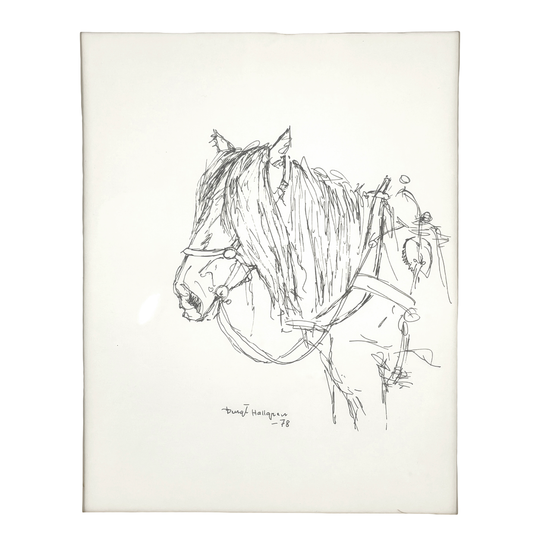 Bengt Hallgren framed horse ink drawing in glazed wood frame