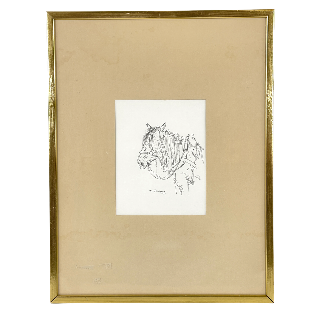 Detail of signed Bengt Hallgren horse ink drawing on paper