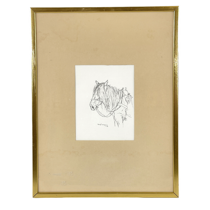 Detail of signed Bengt Hallgren horse ink drawing on paper