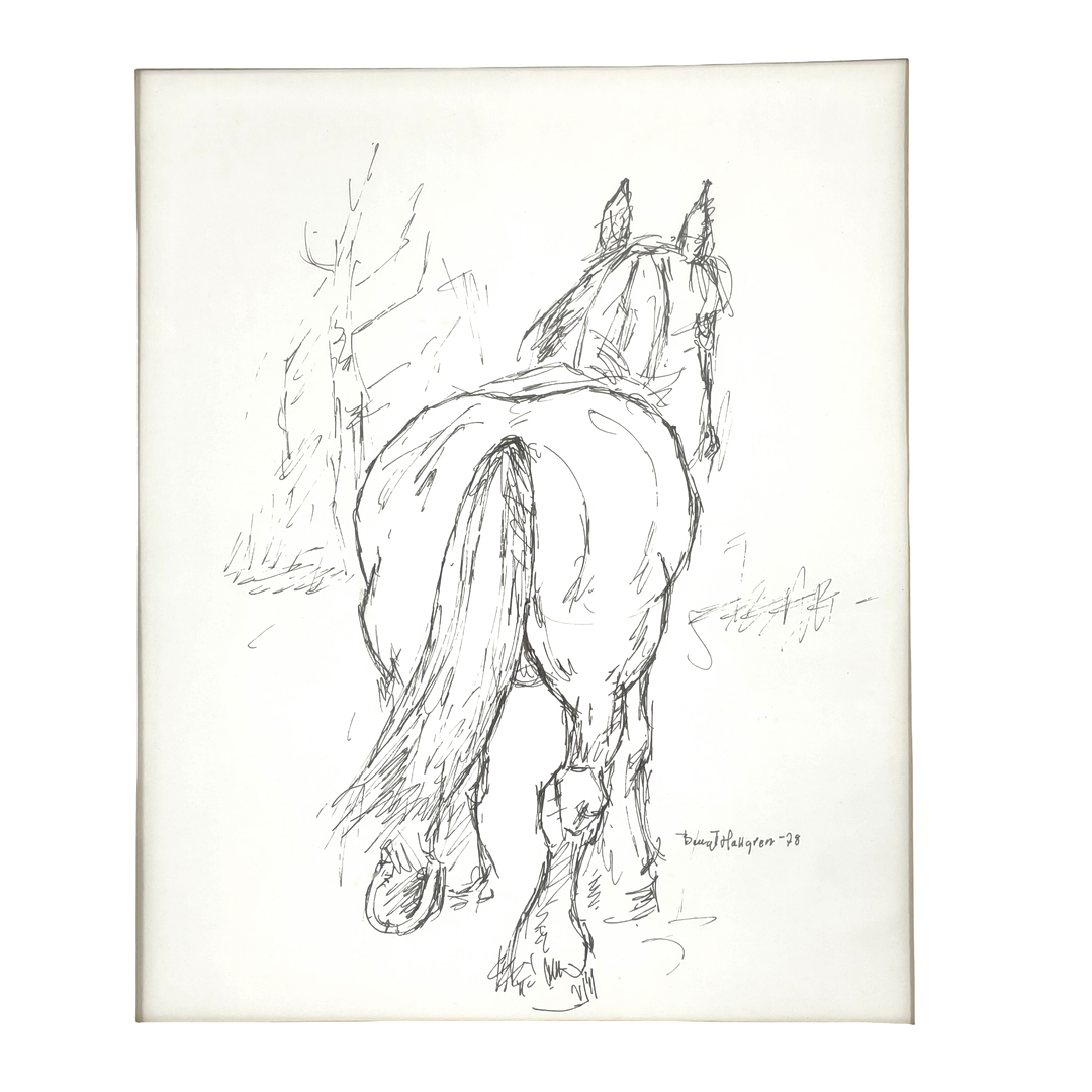 Pair of Swedish framed horse drawings by Bengt Hallgren for gallery wall