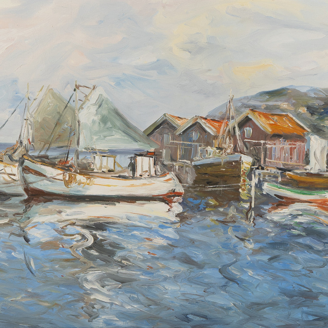 Detail of coastal harbor oil painting with boats and shoreline