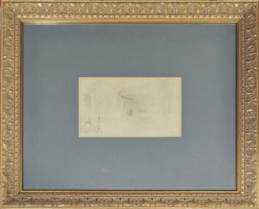 Small framed Spanish pencil drawing signed Fortuny in gold frame