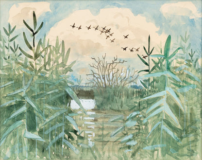 Detail of Harald Wiberg watercolor and gouache watercourse landscape