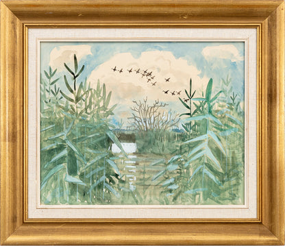 Harald Wiberg signed watercourse watercolor and gouache landscape, framed