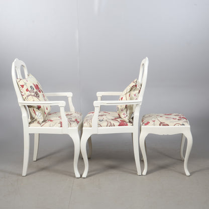 Pair of Rococo Style Armchairs with Matching Stool