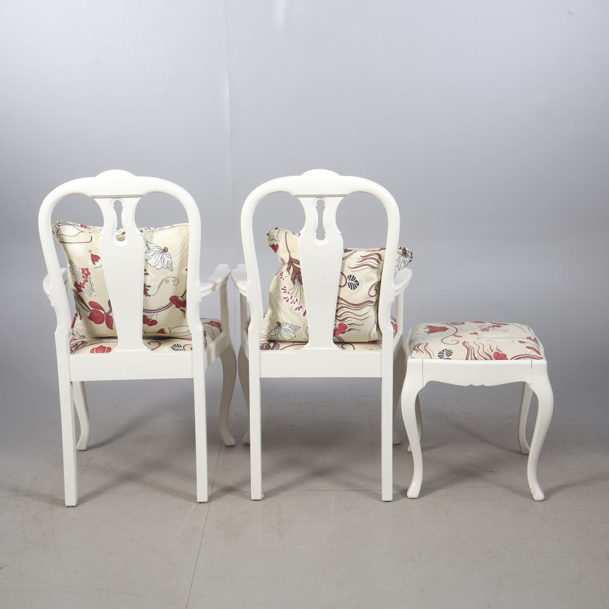Pair of Rococo Style Armchairs with Matching Stool