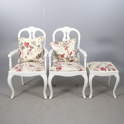 Pair of Rococo Style Armchairs with Matching Stool