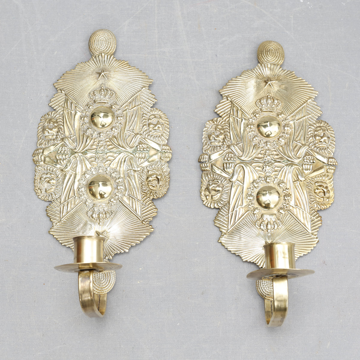 Pair of Candle Sconces Made from Military Cap Badges, 20th Century