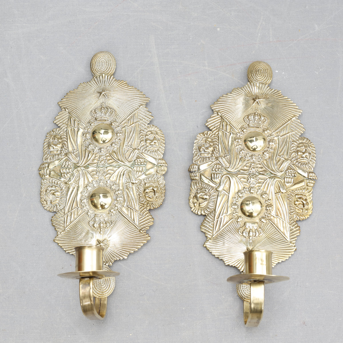 Pair of Candle Sconces Made from Military Cap Badges, 20th Century