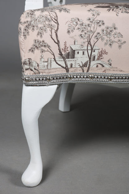 Victorian Style White Painted Sofa and Matching Four-Panel Screen in Toile de Jouy