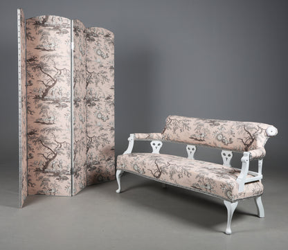 Victorian Style White Painted Sofa and Matching Four-Panel Screen in Toile de Jouy