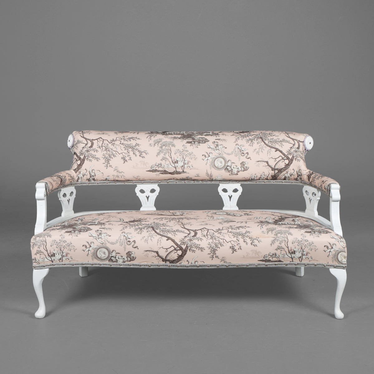 Victorian Style White Painted Sofa and Matching Four-Panel Screen in Toile de Jouy