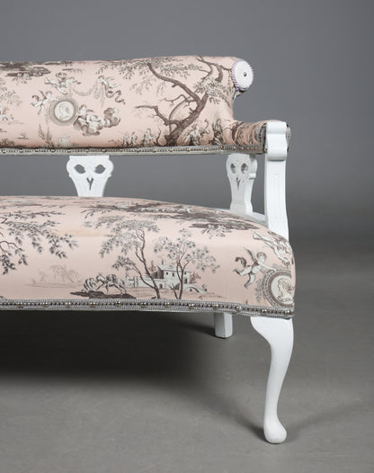 Victorian Style White Painted Sofa and Matching Four-Panel Screen in Toile de Jouy
