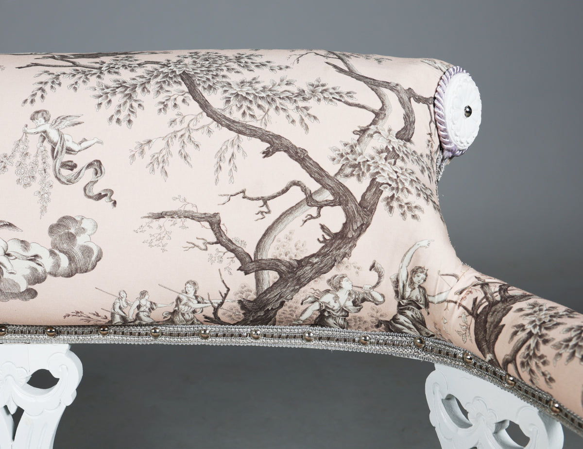 Victorian Style White Painted Sofa and Matching Four-Panel Screen in Toile de Jouy