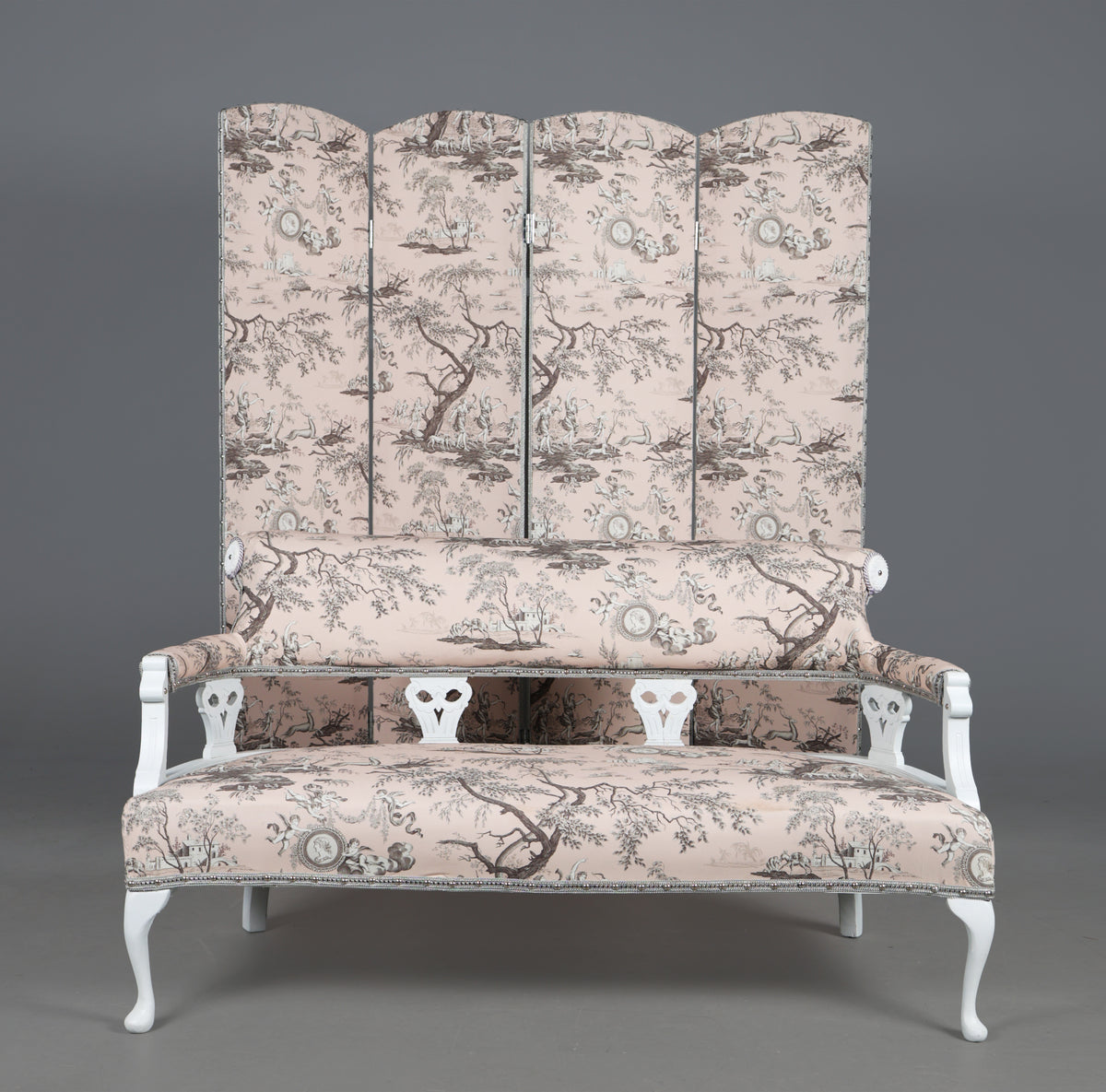 Victorian Style White Painted Sofa and Matching Four-Panel Screen in Toile de Jouy