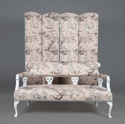 Victorian Style White Painted Sofa and Matching Four-Panel Screen in Toile de Jouy