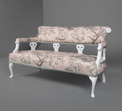 Victorian Style White Painted Sofa and Matching Four-Panel Screen in Toile de Jouy